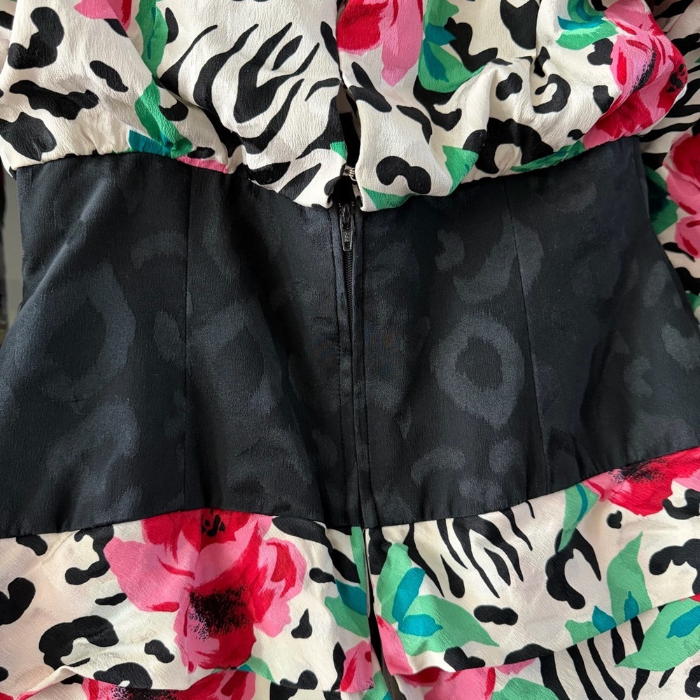 Vintage 100% Silk A.J. Bari Animal Print Floral Tiered Fit Flare Dress Sz 6 - Picture 6 of 15